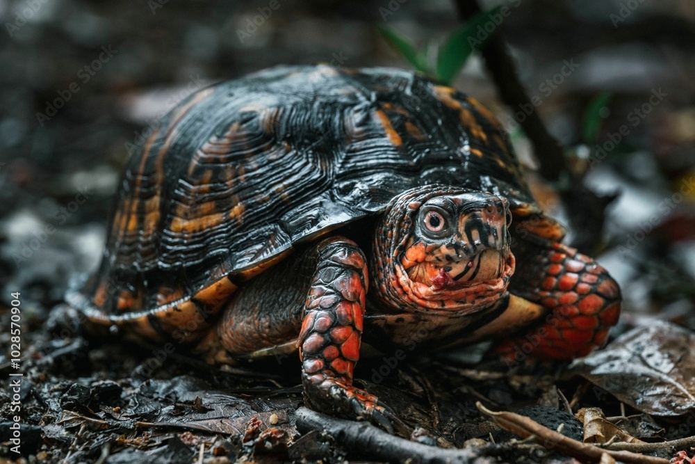 Box turtle in its natural habitat with detailed shell patterns and vibrant colors. Box turtle in its natural habitat with detailed shell patterns and vibrant colors.