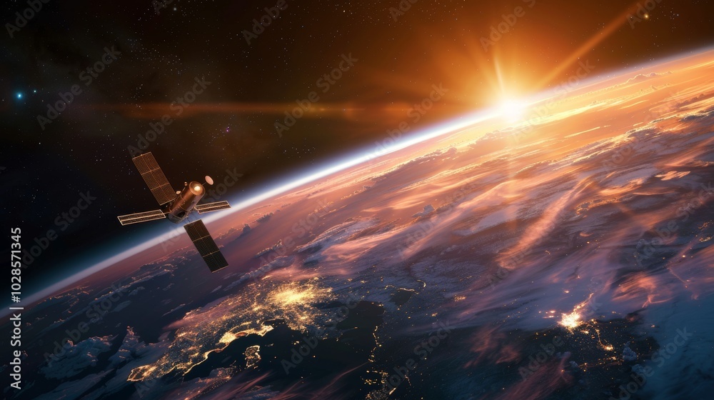 Fototapeta premium Satellite Over Earth Orbit at Sunrise