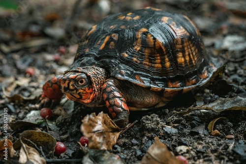 Close-up of a box turtle on the forest floor surrounded by leaves and small berries.