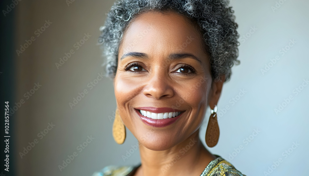 A close-up of a mature woman smiling warmly, exuding confidence and positivity. A close-up of a mature woman smiling warmly, exuding confidence and positivity.
