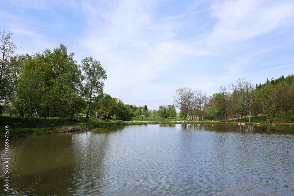 Tranquil lake in a green park with clear blue sky. Tranquil lake in a green park with clear blue sky.