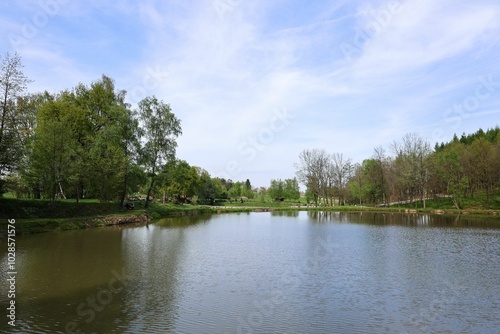 Tranquil lake in a green park with clear blue sky.
