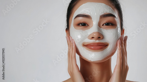 Radiant Asian woman with facial mask smiling while applying skincare. Her hydrated skin glows with health and vitality, showcasing moment of self care and beauty