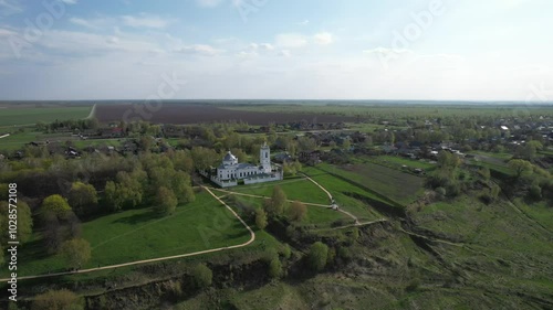 The nature of the homeland of Yesenin, Konstantinovo, Ryazan oblast, churche and homestate of Kashina. Aerial view. High quality 4k footage