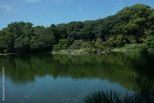 Scenic view of a traditional Japanese garden in Takamatsu, Japan