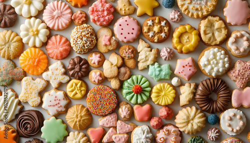 A colorful assortment of cookies and pastries, forming a delightful pattern for food lovers 