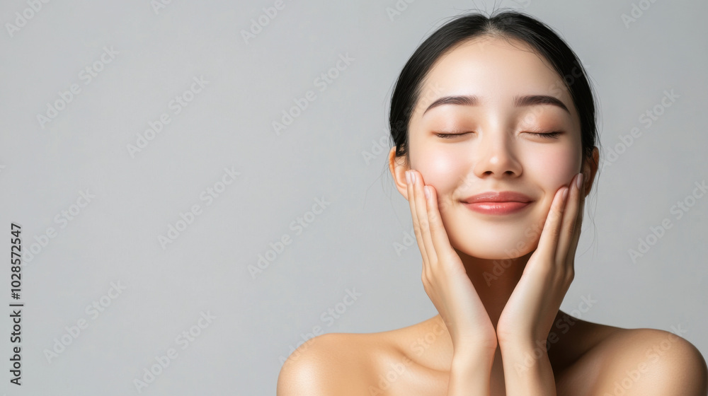 young woman with glowing skin is gently patting her cheeks, expressing serene and joyful emotion. Her closed eyes and soft smile convey sense of tranquility and self care young woman with glowing skin is gently patting her cheeks, expressing serene and joyful emotion. Her closed eyes and soft smile convey sense of tranquility and self care