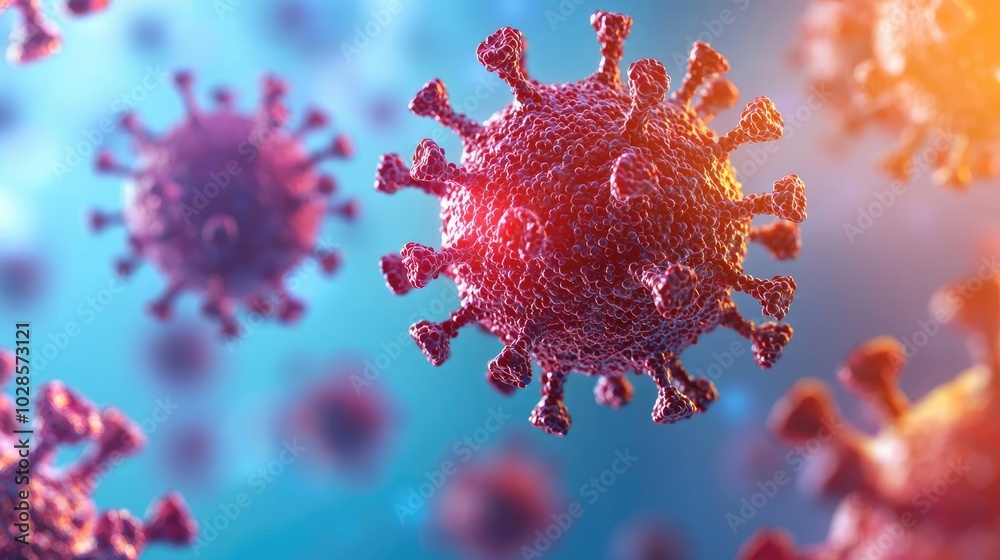 Colorful virus particles on a blurred background, microscopic view. Colorful virus particles on a blurred background, microscopic view.