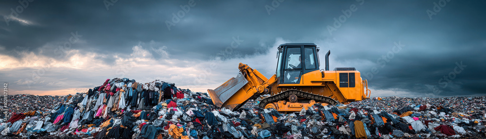Bulldozer on landfill site amidst piles of waste under cloudy sky. Bulldozer on landfill site amidst piles of waste under cloudy sky.