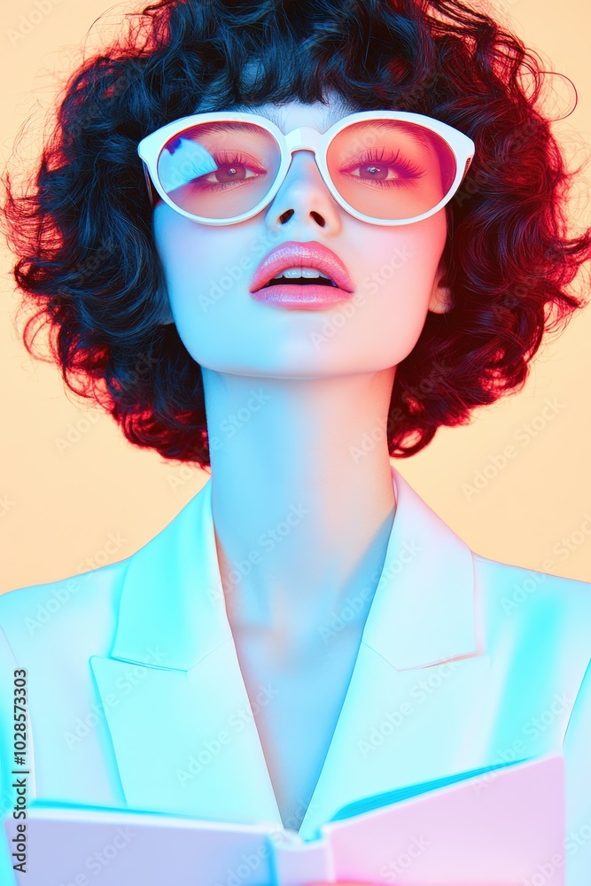 Young woman with curly hair wearing stylish glasses against a colorful backdrop while reading Young woman with curly hair wearing stylish glasses against a colorful backdrop while reading
