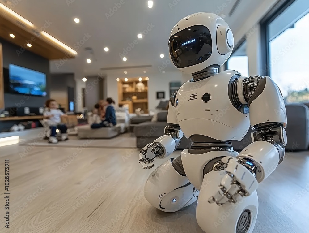 Humanoid robots helping busy mother with her children Humanoid robots helping busy mother with her children