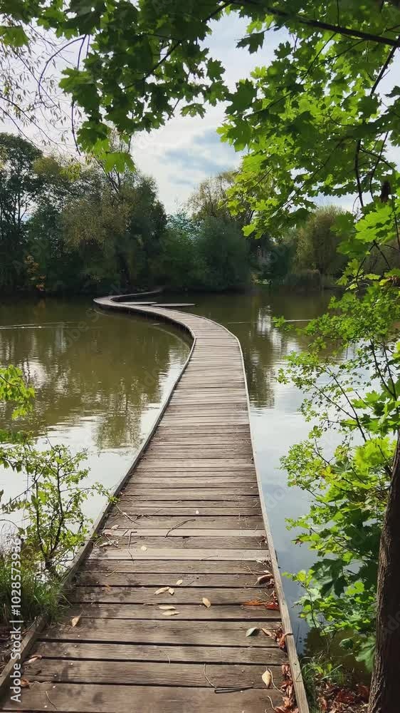 Picturesque Wooden Pathway Meanders Along a Lake Embraced by Natures Beauty Picturesque Wooden Pathway Meanders Along a Lake Embraced by Natures Beauty