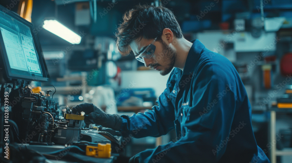 focused mechanic works diligently in high tech garage, surrounded by advanced tools and equipment. His attention to detail highlights precision required in modern automotive repair focused mechanic works diligently in high tech garage, surrounded by advanced tools and equipment. His attention to detail highlights precision required in modern automotive repair
