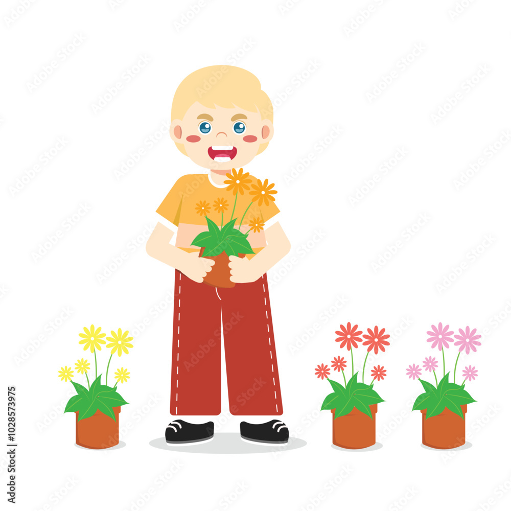 Kids Gardening Holding Flower Pot Illustrations Bright Flat Design, Great for Posters or Activity Sheets Kids Gardening Holding Flower Pot Illustrations Bright Flat Design, Great for Posters or Activity Sheets