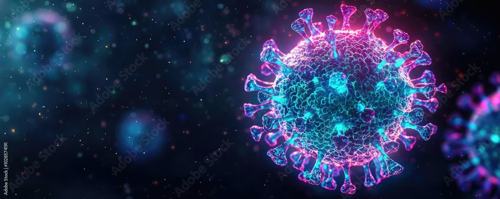 Microscopic view of a colorful virus on a dark background. Microscopic view of a colorful virus on a dark background.