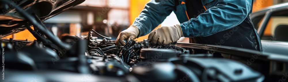 technician is working on car engine, focusing on repairs and maintenance. scene captures intricate details of automotive work, showcasing tools and machinery in garage setting