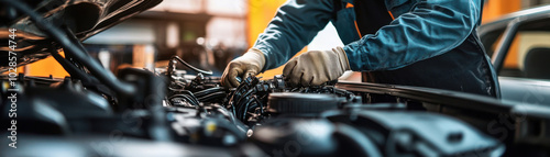 technician is working on car engine, focusing on repairs and maintenance. scene captures intricate details of automotive work, showcasing tools and machinery in garage setting