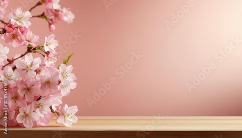 Pink cherry blossom flowers on wooden surface with pink background.