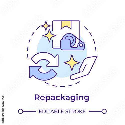 Repackaging multi color concept icon. Reverse logistics type. Changing package for goods. Tape and box. Round shape line illustration. Abstract idea. Graphic design. Easy to use in article photo