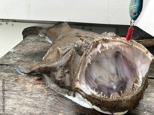 Close-up of a monkfish with an open mouth and fishing lure. photo