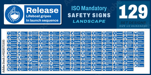 129 set ISO mandatory safety signs v25_release lifeboat gripes in launch sequence_landscape size 1/2 a4,a3,a2,a1	
