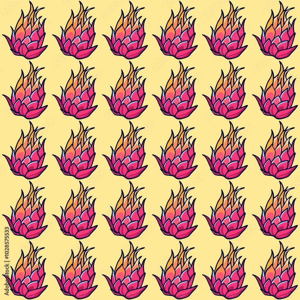 Bright and easy to execute seamless pattern in pop art style. Linear drawing of fruits with color fill is a modern type of printed art for branding, advertising, summer discounts and sales Bright and easy to execute seamless pattern in pop art style. Linear drawing of fruits with color fill is a modern type of printed art for branding, advertising, summer discounts and sales