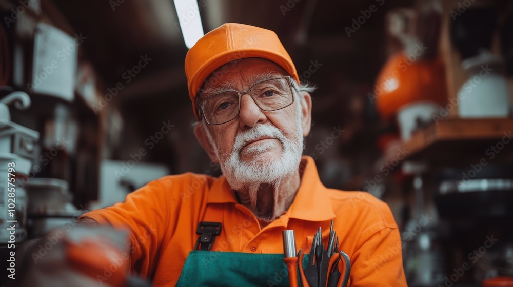 Elderly craftsman wearing orange hat and apron in a workshop surrounded by tools Elderly craftsman wearing orange hat and apron in a workshop surrounded by tools