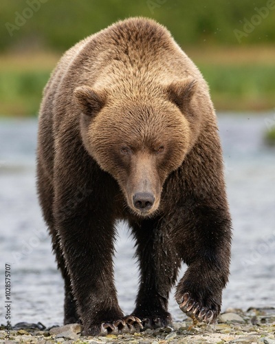 Brown bear walking near a river in a natural habitat. Katmai National Park and Preserve