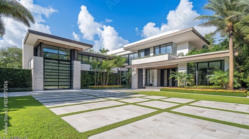 Modern Home Exterior with Lush Landscaping and Clear Sky