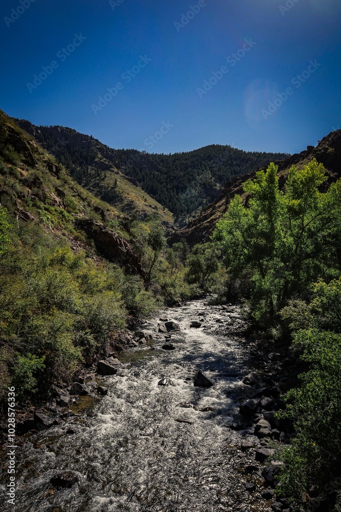 Scenic river flowing through a lush green valley with mountains. Scenic river flowing through a lush green valley with mountains.