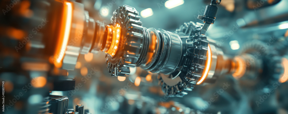 High tech machinery with intricate gears and glowing elements showcases advanced engineering. vibrant orange highlights add dynamic feel to mechanical components High tech machinery with intricate gears and glowing elements showcases advanced engineering. vibrant orange highlights add dynamic feel to mechanical components
