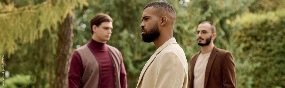 Three dapper men showcase their fashionable autumn attire while enjoying the beauty of a tranquil field. Three dapper men showcase their fashionable autumn attire while enjoying the beauty of a tranquil field.