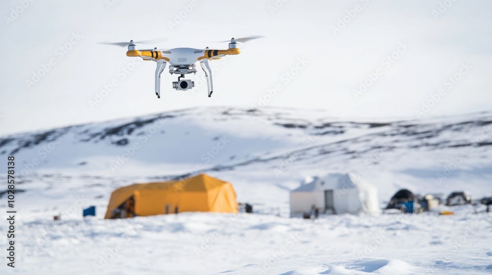 Fototapeta premium Drone Flying Over Snowy Landscape and Tents