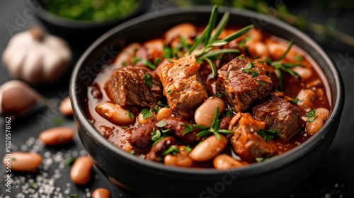 Hearty beef stew with white and red beans garnished with herbs on a dark tabletop