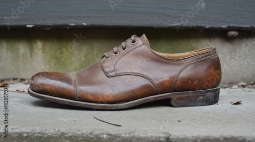 Worn Brown Leather Shoe on Concrete Surface