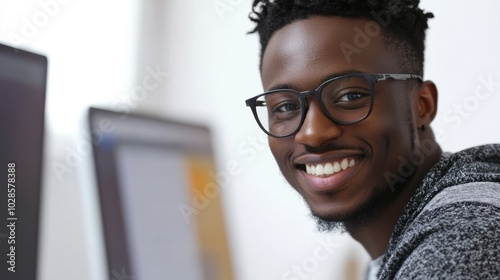 Smiling African American man working as a computer programmer, minimal background focusing on his task and concentration.