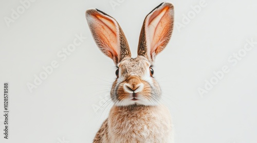 Stock minimalist photography of a curious rabbit with large ears, sitting against a minimalist white background with bright, even lighting