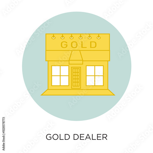 Vector flat style illustration of icon of a gold dealer store inside a solid-colored circle