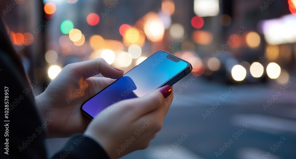 Close-up of hands holding an Phone with blurred city lights in the background, showcasing mobile device interaction for business or social media in a modern urban setting Close-up of hands holding an Phone with blurred city lights in the background, showcasing mobile device interaction for business or social media in a modern urban setting