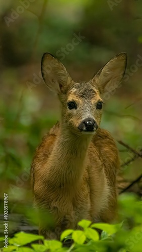 Close-up of a young deer in a forest