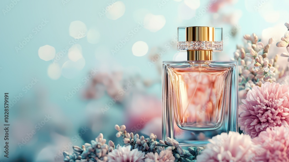 A sleek crystal clear perfume bottle with a golden cap, elegantly surrounded by soft petals and delicate light. A sleek crystal clear perfume bottle with a golden cap, elegantly surrounded by soft petals and delicate light.