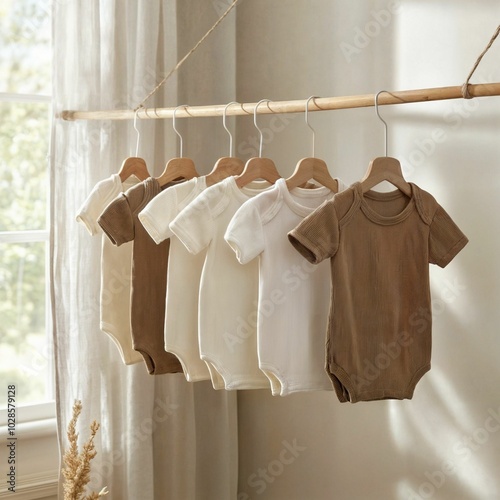 Baby onesies in neutral colors hanging on wooden hangers