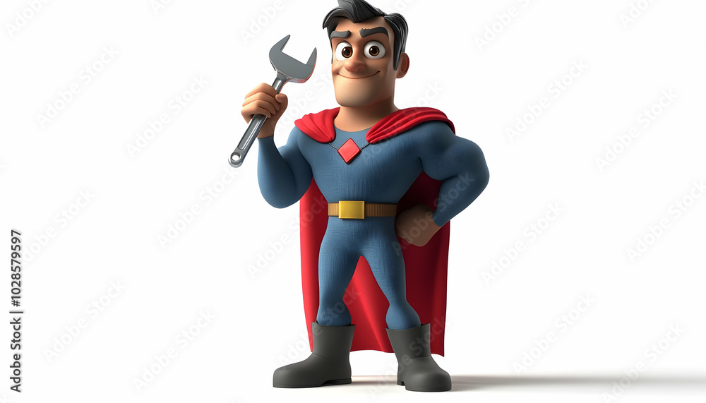A fun cartoon superhero holding a wrench, set against a white background A fun cartoon superhero holding a wrench, set against a white background