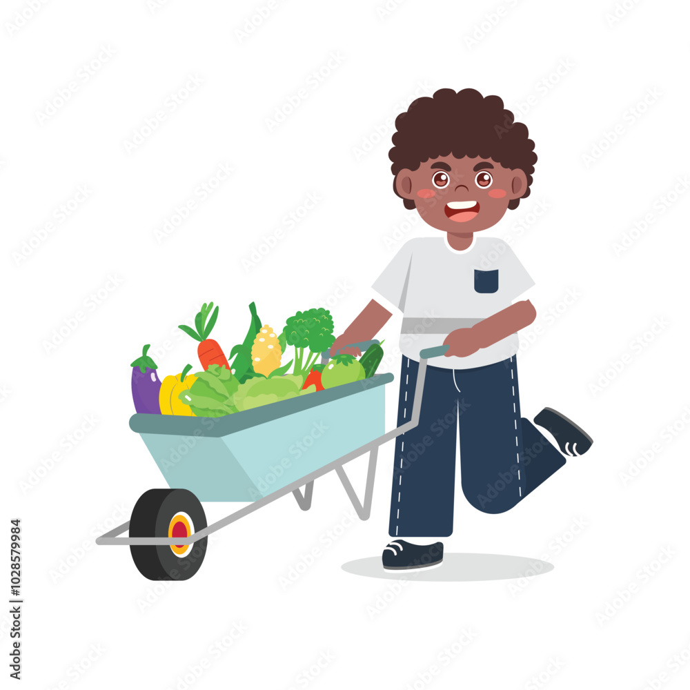 Kids Gardening Pushing Wheelbarrow with fruit and vegetable Illustrations Bright Flat Design, Great for Posters or Activity Sheets Kids Gardening Pushing Wheelbarrow with fruit and vegetable Illustrations Bright Flat Design, Great for Posters or Activity Sheets