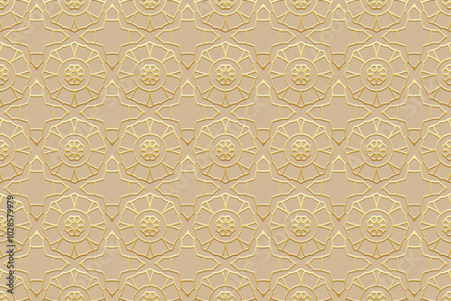 Ethnic beige background, tribal cover design, banner. Vintage print, geometric gold 3D pattern, embossing. Ornaments, mandala, arabesques of the East, Asia, India, Mexico, Aztec, Peru.