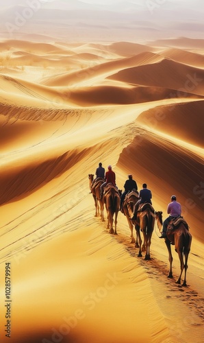 Camel caravan traversing desert dunes.