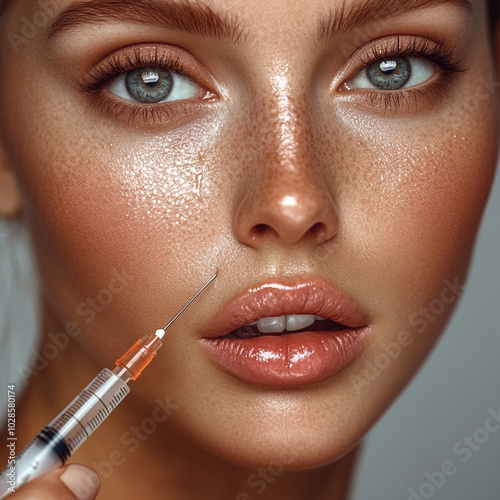 Young beautiful woman undergoing aesthetic medicine treatment, botox, wrinkles, 