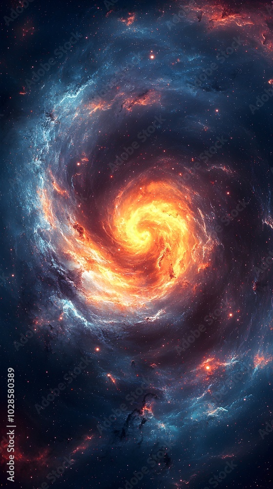 A swirling nebula in deep space with a fiery orange core and wispy blue clouds, creating a dramatic and colorful celestial scene.