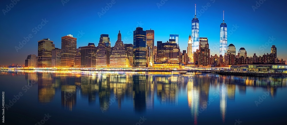 Obraz premium Panoramic view of the vibrant New York skyline at night, showcasing bright lights and skyscrapers reflecting in the water, highlighting the dynamic city life.