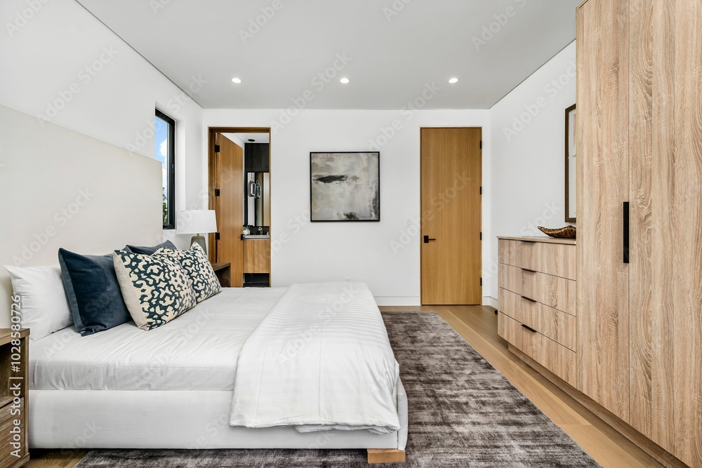 Modern bedroom interior with wooden furniture and white bedding. Modern bedroom interior with wooden furniture and white bedding.